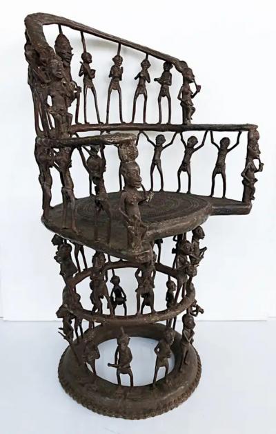 Rare African Cameroon Bronze Figurative Throne Chair 20th Century