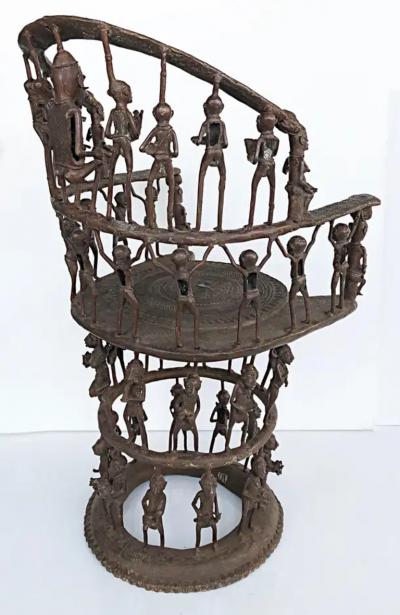 Rare African Cameroon Bronze Figurative Throne Chair 20th Century