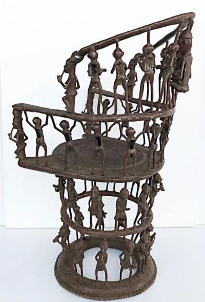 Rare African Cameroon Bronze Figurative Throne Chair 20th Century