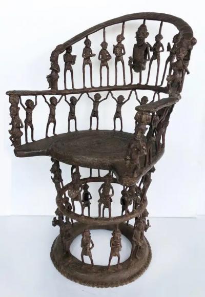 Rare African Cameroon Bronze Figurative Throne Chair 20th Century