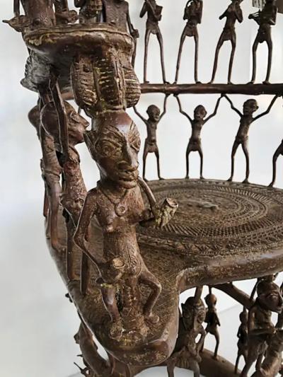 Rare African Cameroon Bronze Figurative Throne Chair 20th Century