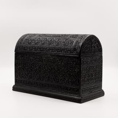Rare Anglo Indian Intricately Carved Ebony Dome Top Tea Caddy