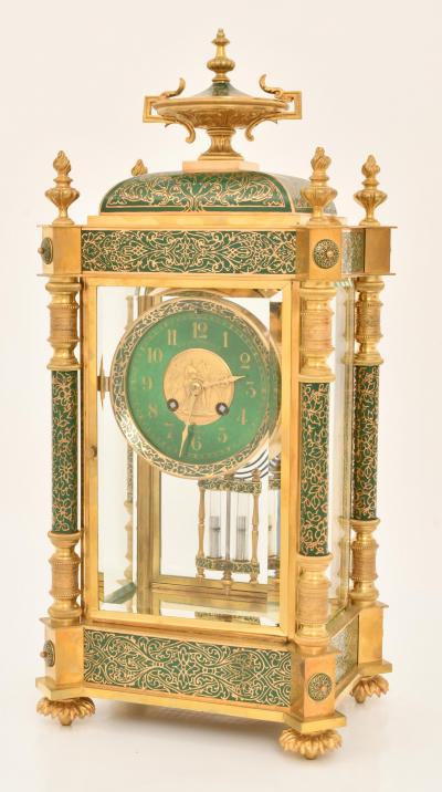 Rare Antique Bigelow Kennard Co Champlev and Brass Crystal Regulator Clock