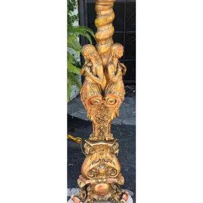 Rare Antique French Giltwood Figural Cathedral Floor Lamps a Pair