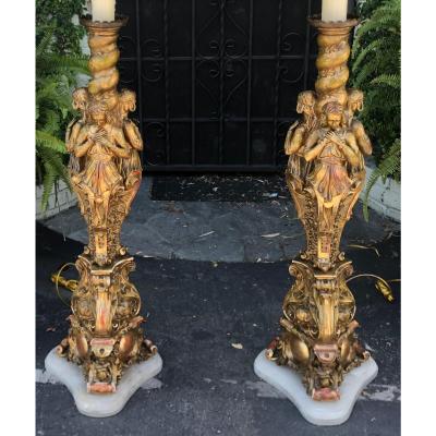 Rare Antique French Giltwood Figural Cathedral Floor Lamps a Pair