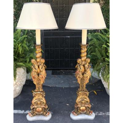 Rare Antique French Giltwood Figural Cathedral Floor Lamps a Pair