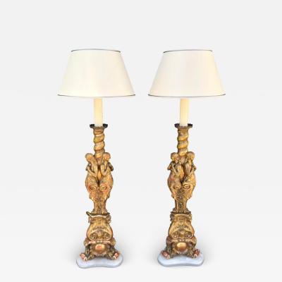 Rare Antique French Giltwood Figural Cathedral Floor Lamps a Pair