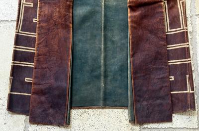 Rare Antique Japanese Leather Fireman Jacket Kawabaori with Stencil Design