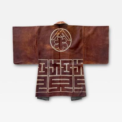 Rare Antique Japanese Leather Fireman Jacket Kawabaori with Stencil Design