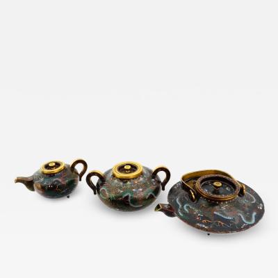 Rare Antique Meiji Japanese Cloisonne Enamel 3 Piece Tea Ceremony Dragon Set