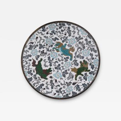 Rare Antique Meiji Japanese Cloisonne White Enamel Charger with Dancing Foo Dogs