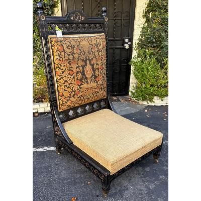 Rare Antique Moroccan Throne Chair W Petite Point Back and Low Seat 19c India