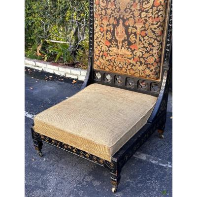 Rare Antique Moroccan Throne Chair W Petite Point Back and Low Seat 19c India