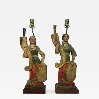 Rare Carved 18th 19th Century Italian Polychrome Candelabra Table Lamps