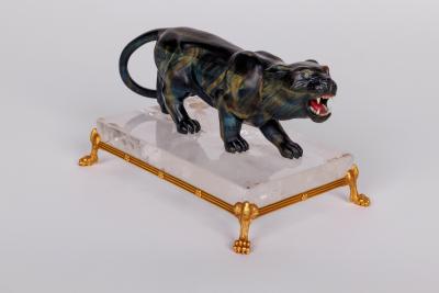 Rare Carved Hawks Eye Agate Tiger on a 14K Gold Mounted Rock Crystal Base