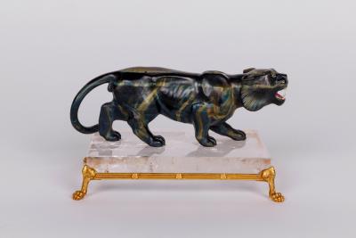 Rare Carved Hawks Eye Agate Tiger on a 14K Gold Mounted Rock Crystal Base