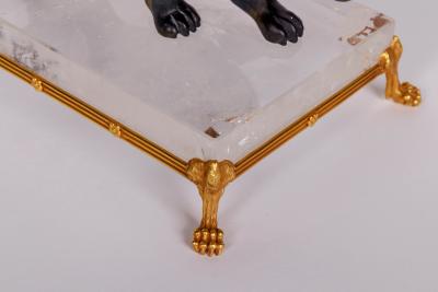 Rare Carved Hawks Eye Agate Tiger on a 14K Gold Mounted Rock Crystal Base