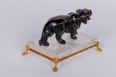 Rare Carved Hawks Eye Agate Tiger on a 14K Gold Mounted Rock Crystal Base