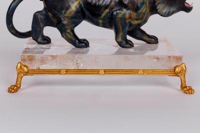 Rare Carved Hawks Eye Agate Tiger on a 14K Gold Mounted Rock Crystal Base