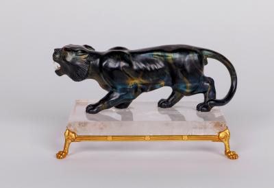 Rare Carved Hawks Eye Agate Tiger on a 14K Gold Mounted Rock Crystal Base