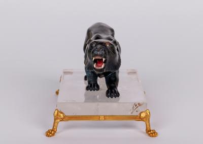 Rare Carved Hawks Eye Agate Tiger on a 14K Gold Mounted Rock Crystal Base