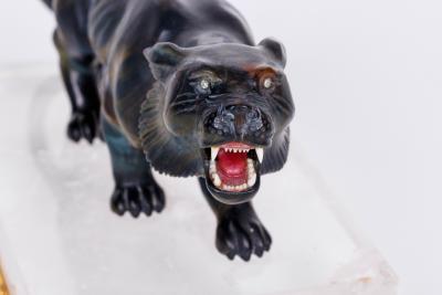 Rare Carved Hawks Eye Agate Tiger on a 14K Gold Mounted Rock Crystal Base