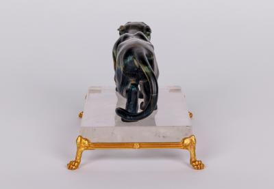 Rare Carved Hawks Eye Agate Tiger on a 14K Gold Mounted Rock Crystal Base