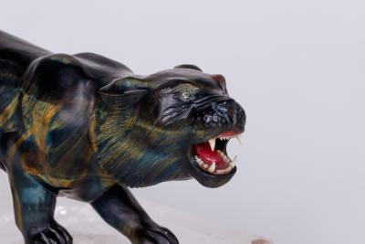 Rare Carved Hawks Eye Agate Tiger on a 14K Gold Mounted Rock Crystal Base