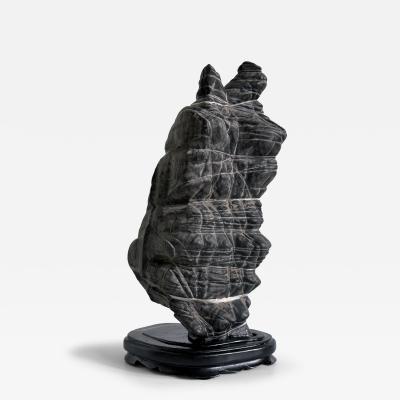 Rare Chinese Antique Black and White Lingbi Scholar Stone on Display Stand