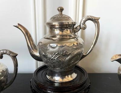 Rare Chinese Export Sterling Silver Tea Set with Dragon Design Tianjing Wuhua