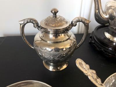 Rare Chinese Export Sterling Silver Tea Set with Dragon Design Tianjing Wuhua