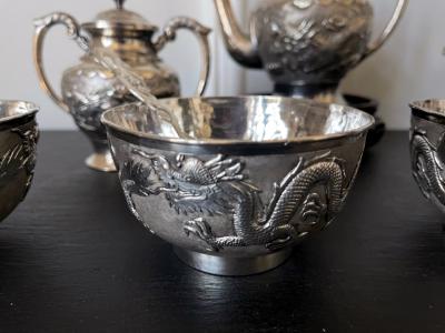 Rare Chinese Export Sterling Silver Tea Set with Dragon Design Tianjing Wuhua