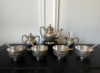 Rare Chinese Export Sterling Silver Tea Set with Dragon Design Tianjing Wuhua