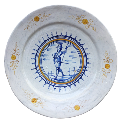 Rare Dutch maiolica Charger with decor of a Dutch Gentleman early 17th century