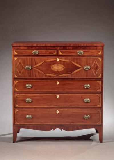 Rare Federal Bellflower Fan Inlaid Chest of Drawers