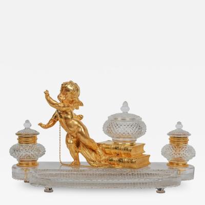 Rare French Ormolu and Diamond Cut Crystal Figural Inkwell Encrier by Baccarat