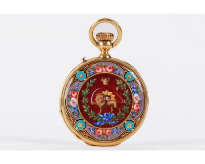 Rare Gold and Enamel Presentation Pocket Watch with Portrait of Naser Shah