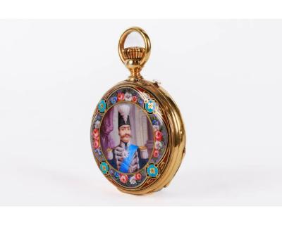Rare Gold and Enamel Presentation Pocket Watch with Portrait of Naser Shah