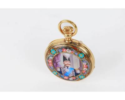 Rare Gold and Enamel Presentation Pocket Watch with Portrait of Naser Shah