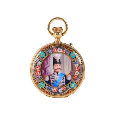 Rare Gold and Enamel Presentation Pocket Watch with Portrait of Naser Shah