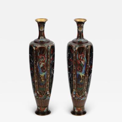 Rare High Quality Pair of Meiji Japanese Cloisonne Enamel Vases Dragons