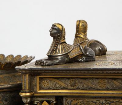 Rare Important Spanish Damascene Iron Steel Gold Inlaid Clock Eibar Spain