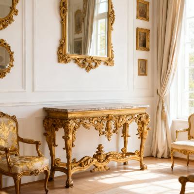 Rare Italian Rococo Giltwood Fossilized Marble Console Table ca 1750