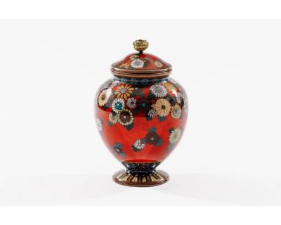 Rare Japanese Cloisonne Enamel Covered Jar with Transparent Red Ground Floral