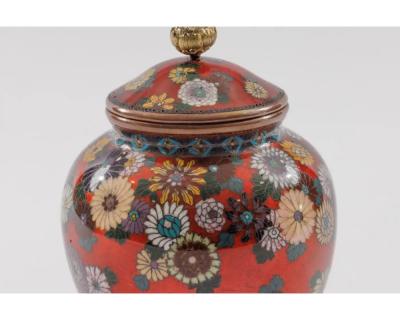 Rare Japanese Cloisonne Enamel Covered Jar with Transparent Red Ground Floral
