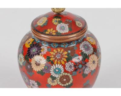 Rare Japanese Cloisonne Enamel Covered Jar with Transparent Red Ground Floral