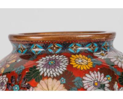 Rare Japanese Cloisonne Enamel Covered Jar with Transparent Red Ground Floral