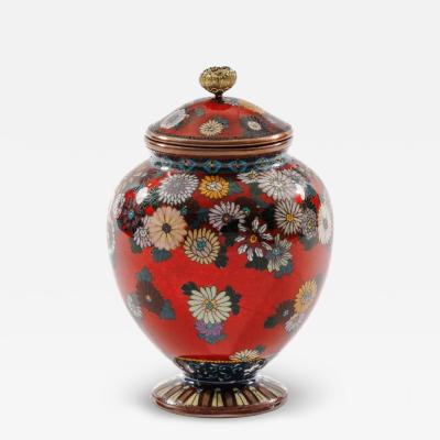 Rare Japanese Cloisonne Enamel Covered Jar with Transparent Red Ground Floral
