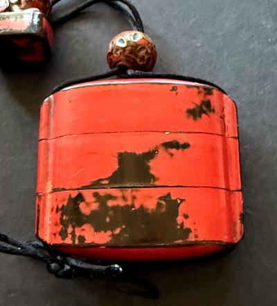 Rare Japanese Inro Netsuke and Omije with Negoro Red Lacquer Edo Period