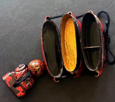 Rare Japanese Inro Netsuke and Omije with Negoro Red Lacquer Edo Period
